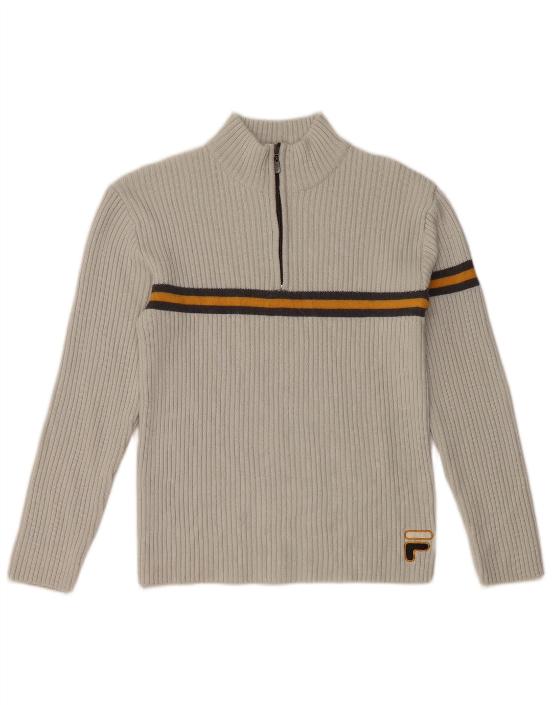 Suéter feminino FILA com gola e zíper UK 10 lã listrada cinza pequena