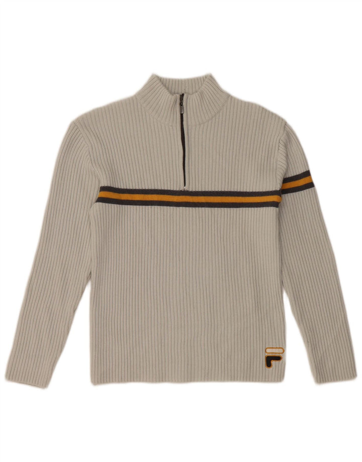 Suéter feminino FILA com gola e zíper UK 10 lã listrada cinza pequena