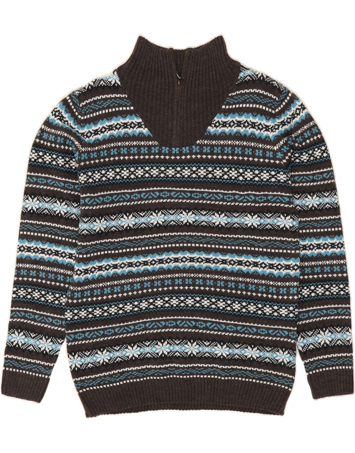 VINTAGE Mens Zip Neck Jumper Sweater Medium Grey Fair Isle Winter Vintage Vintage and Second-Hand Vintage from Messina Hembry 