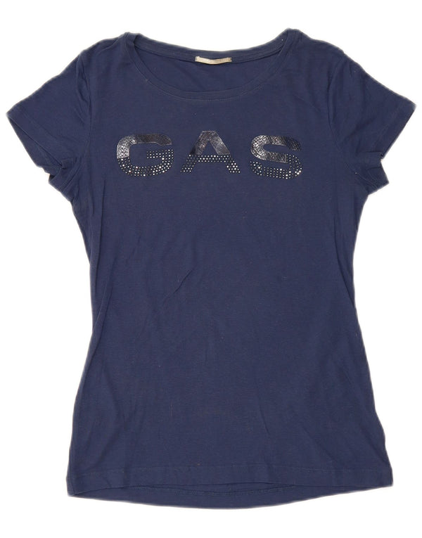 Camiseta feminina gráfica Gas Top UK 12 algodão azul marinho médio