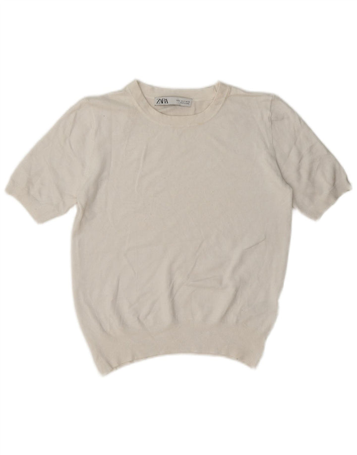 Zara Top feminino de manga curta UK 10 viscose branca pequena
