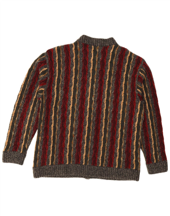 Suéter cardigã masculino vintage de lã listrada cinza grande