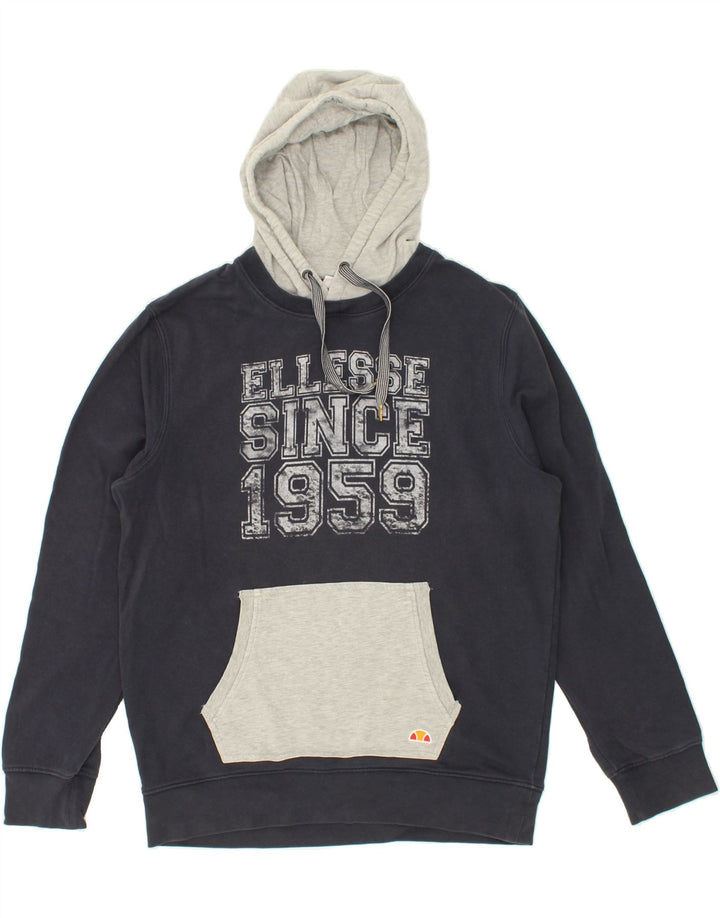 ELLESSE Mens Graphic Hoodie Jumper Large Navy Blue Cotton Vintage Ellesse and Second-Hand Ellesse from Messina Hembry 