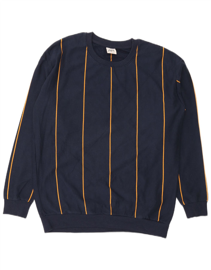 Zara moletom masculino jumper grande algodão listrado azul marinho