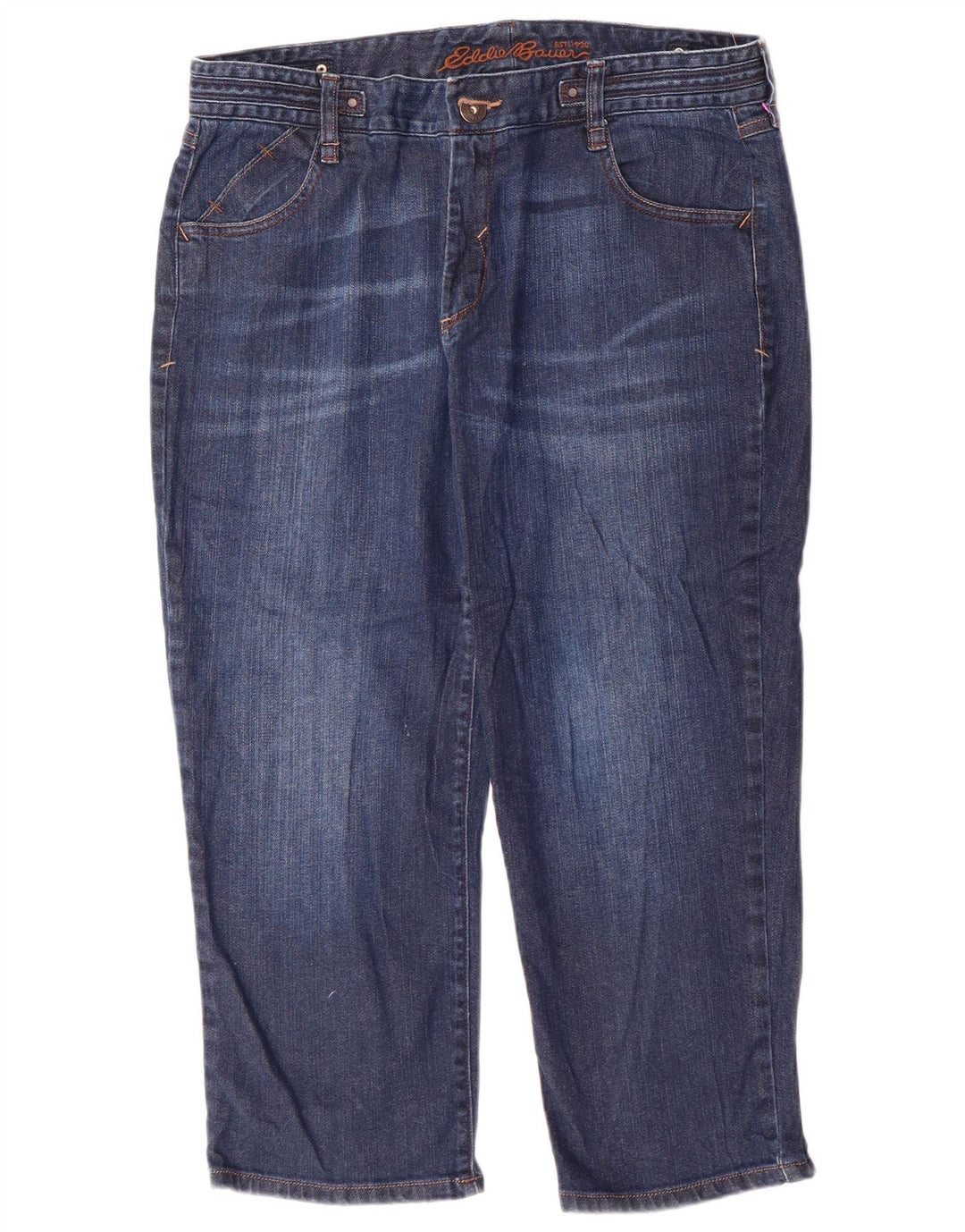 EDDIE BAUER Calça jeans feminina alta capri EUA 12 grande W34 L23 algodão azul marinho