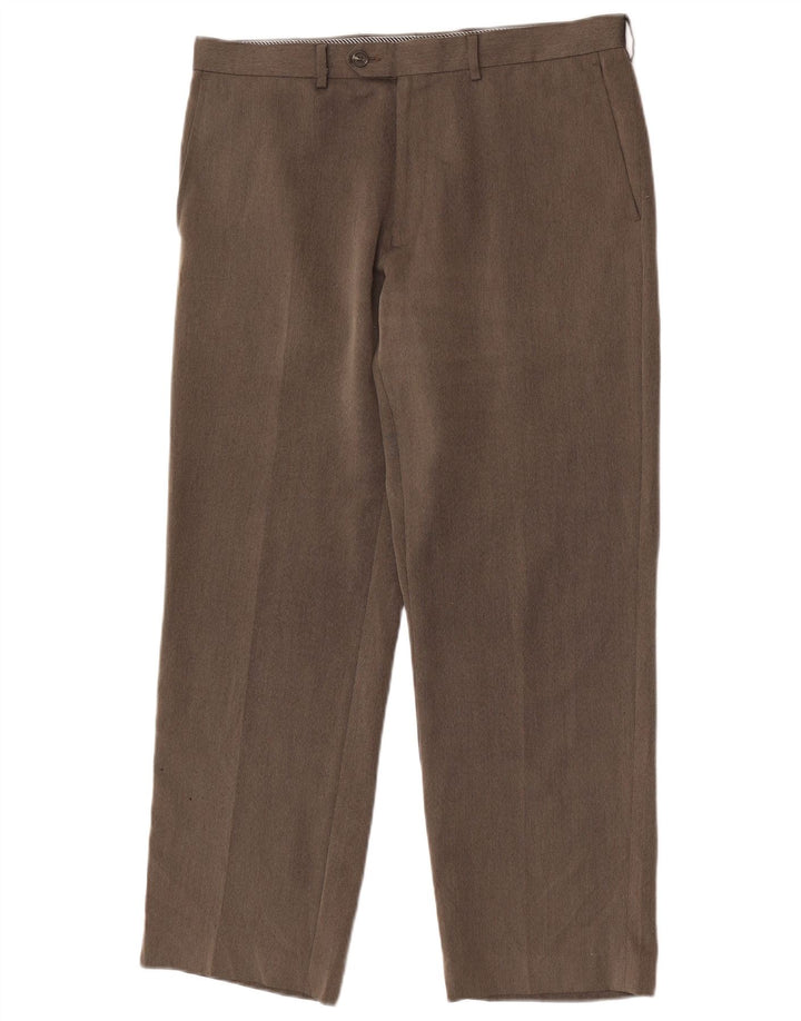 Calça masculina de terno reto Marks & Spencer W34 L29 espinha de peixe marrom