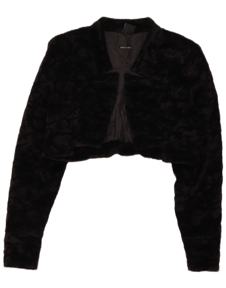 Jaqueta Bolero feminina VINTAGE de pele sintética Reino Unido 14 grande poliéster preto