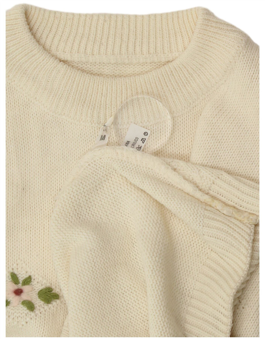 Suéter feminino vintage com gola redonda Reino Unido 14 lã branca média