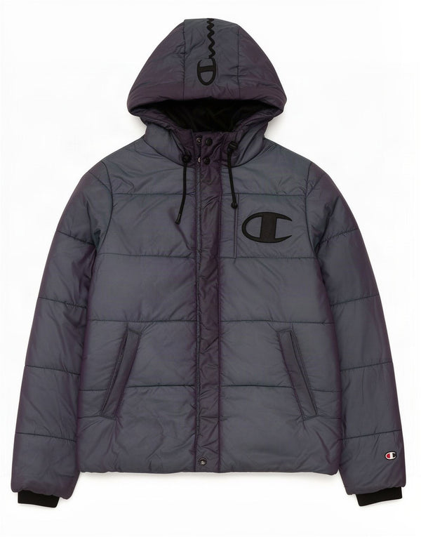 Jaqueta masculina acolchoada com capuz gráfico Champion UK 36 pequena cinza nylon