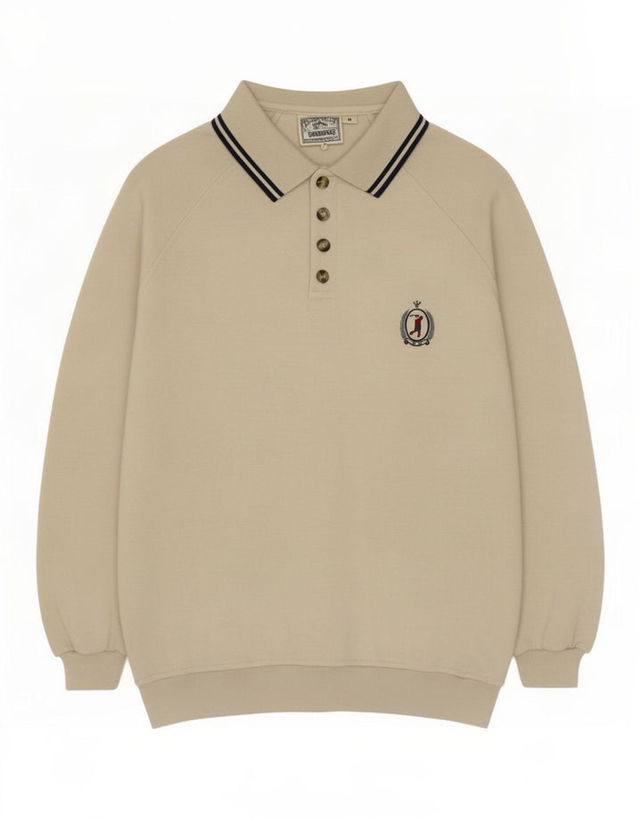 Moletom masculino vintage com gola polo jumper algodão bege médio
