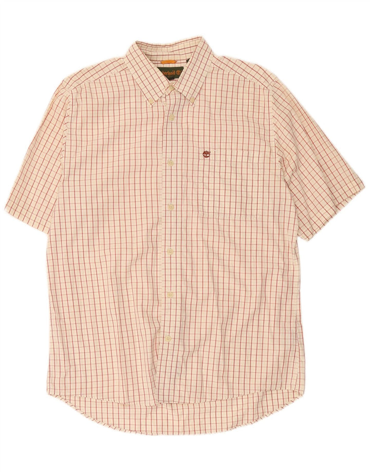 Camisa masculina Timberland de manga curta bege médio xadrez algodão