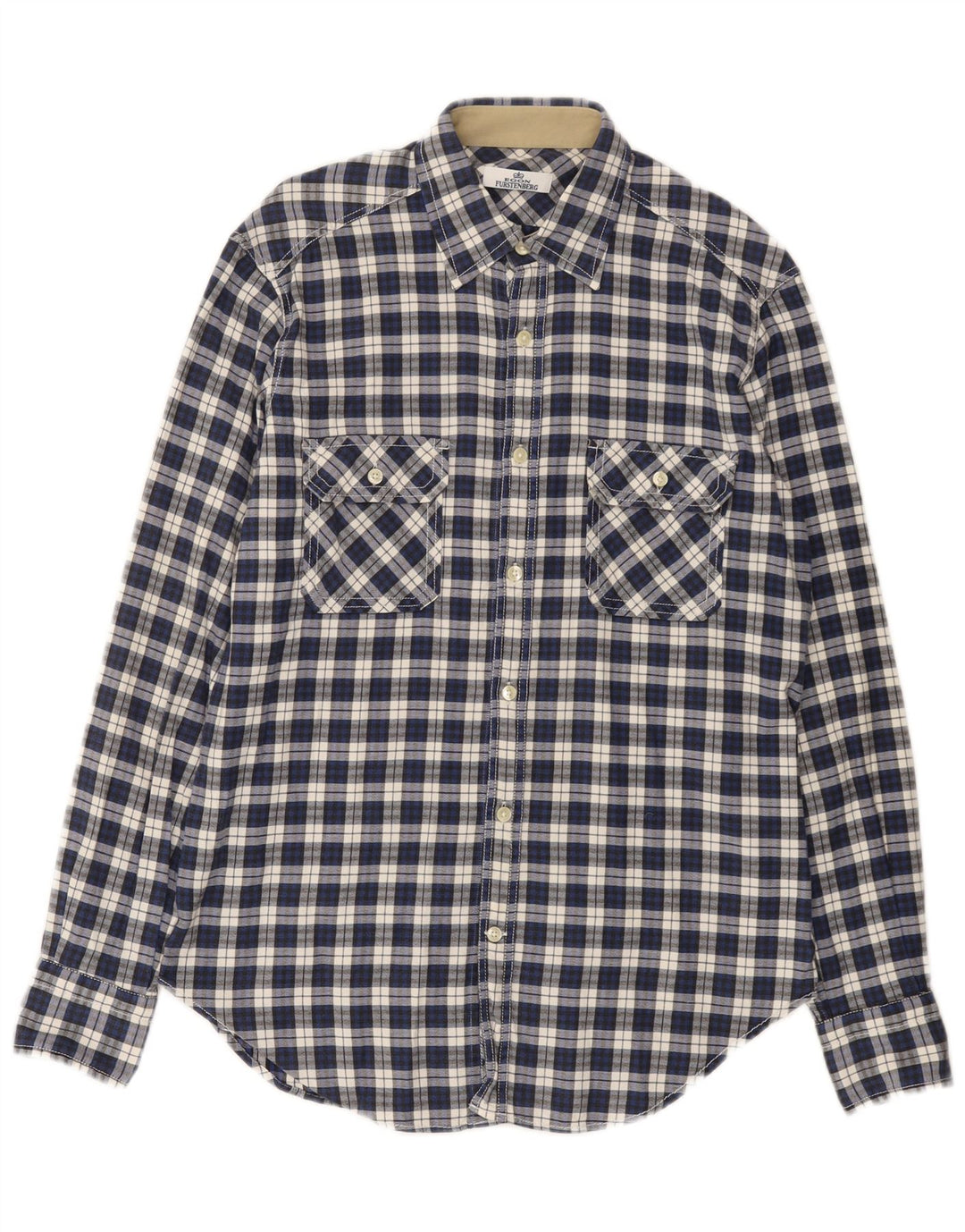 Camisa masculina de flanela Egon Furstenberg tamanho 40 15 3/4 xadrez azul médio