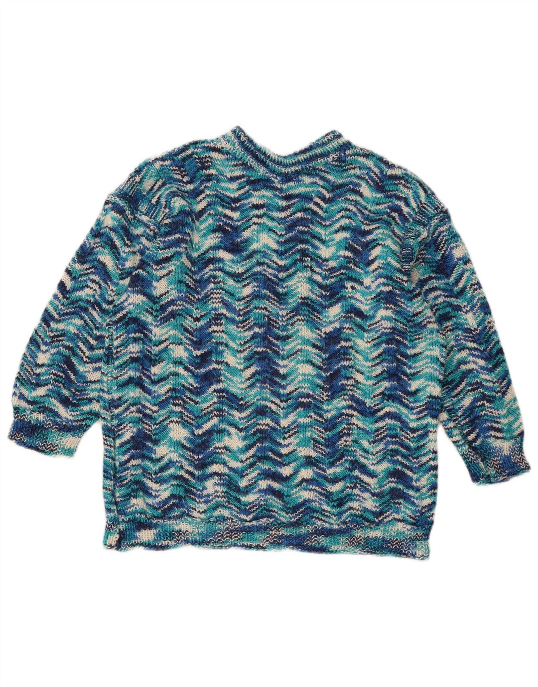 Suéter feminino vintage com gola redonda Reino Unido 14 azul médio geométrico
