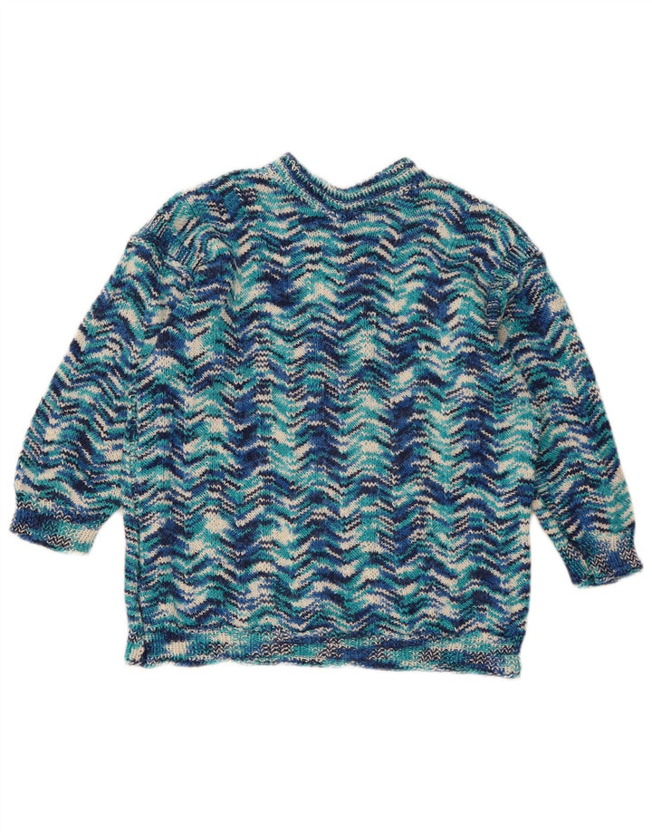 Suéter feminino vintage com gola redonda Reino Unido 14 azul médio geométrico