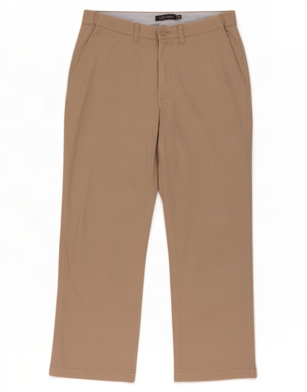 Calça chino reta masculina Marks & Spencer W36 L31 poliéster bege