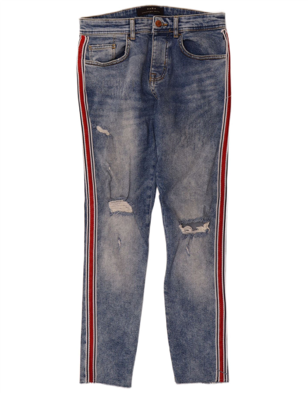 Zara Mens Distressed Slim Jeans EU 38 Pequeno W30 L28 Azul Colourblock