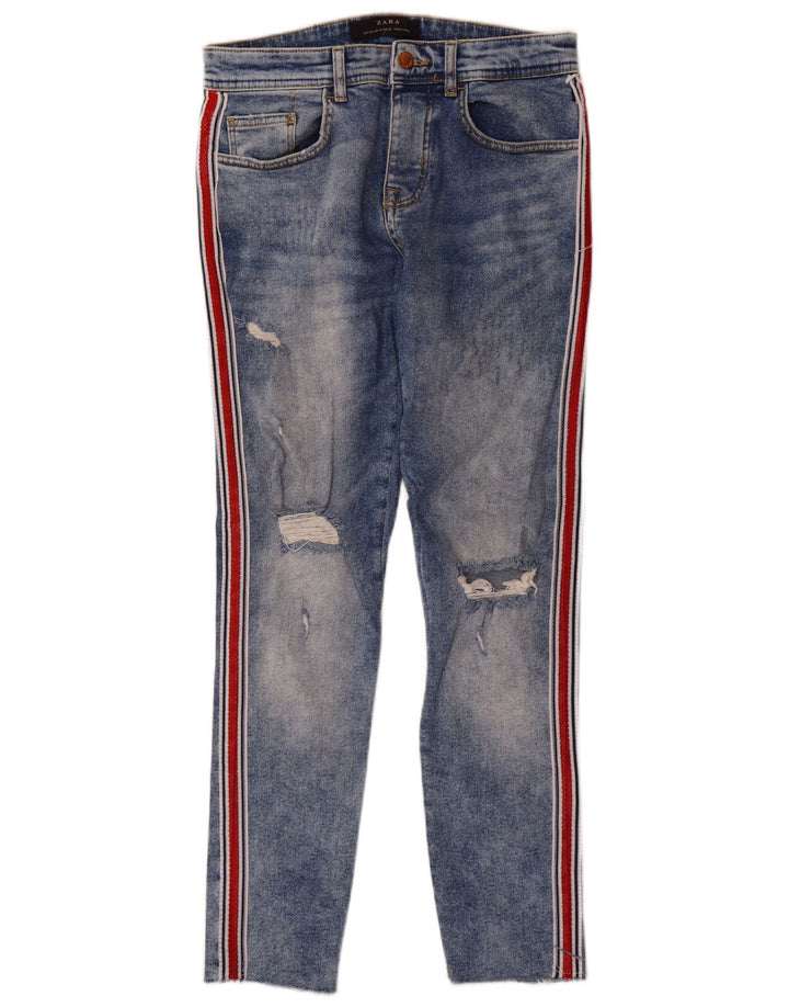 Zara Mens Distressed Slim Jeans EU 38 Pequeno W30 L28 Azul Colourblock