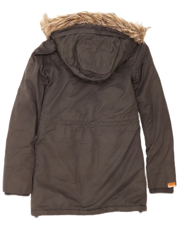 Jaqueta Superdry feminina com capuz Sherpa Parka UK 2 2XS cinza poliéster