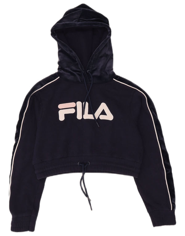 Suéter feminino Fila Crop Graphic com capuz Reino Unido 6 XS azul marinho algodão