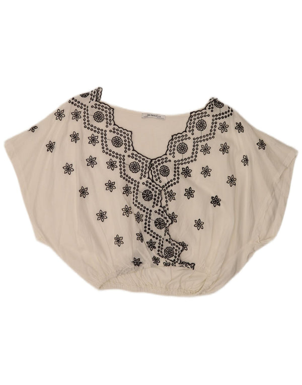 Blusa feminina Zara Batwing Top UK 10 pequeno algodão floral branco