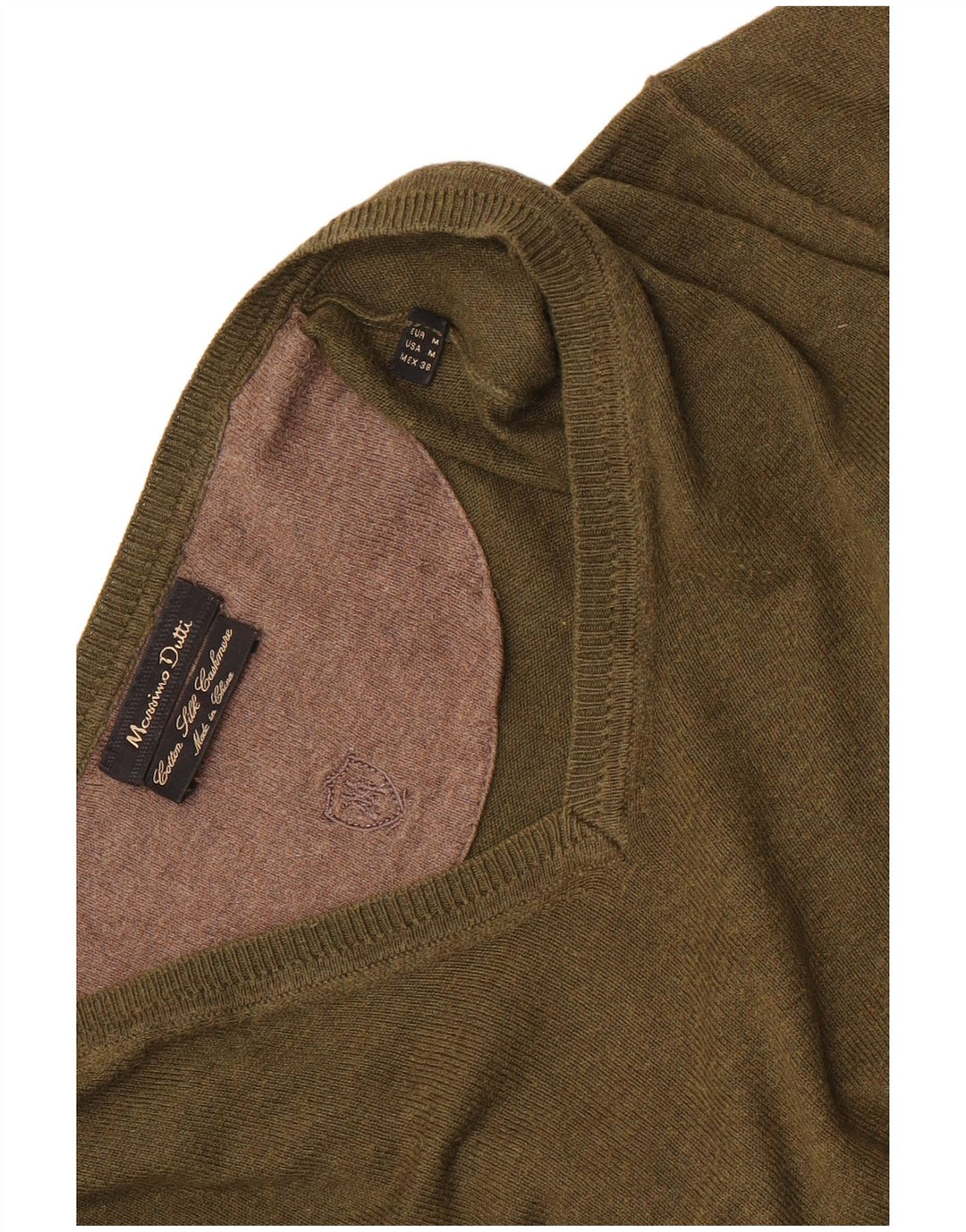 Suéter masculino Massimo Dutti com decote em V, algodão cáqui médio