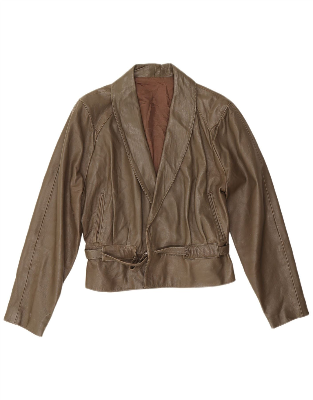 Jaqueta de couro feminina vintage UK 14 médio cáqui