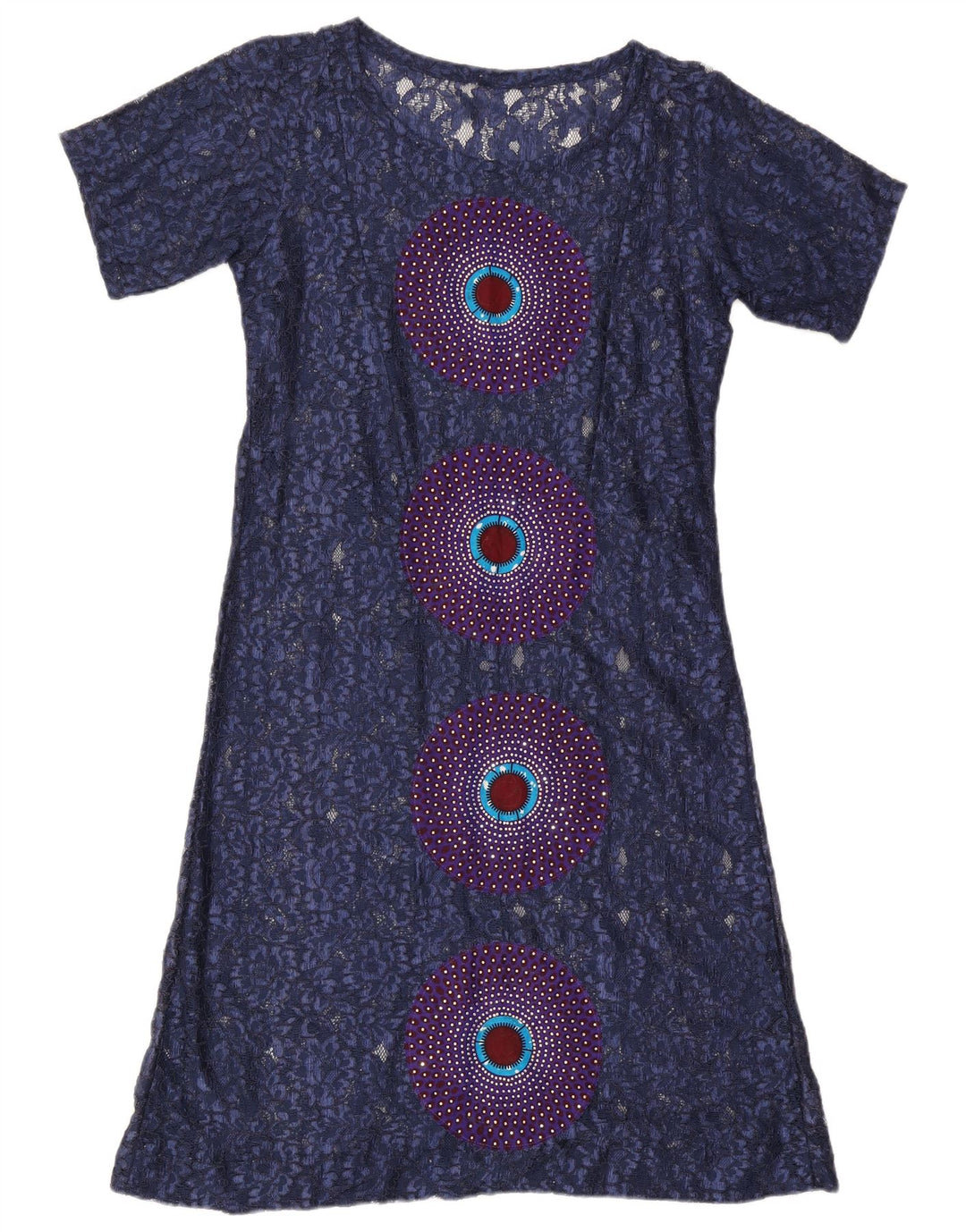 Vestido básico feminino vintage de renda Reino Unido 16 grande azul marinho geométrico