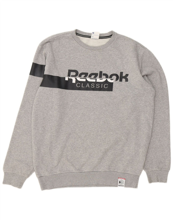 REEBOK moletom gráfico masculino jumper médio cinza algodão manchado