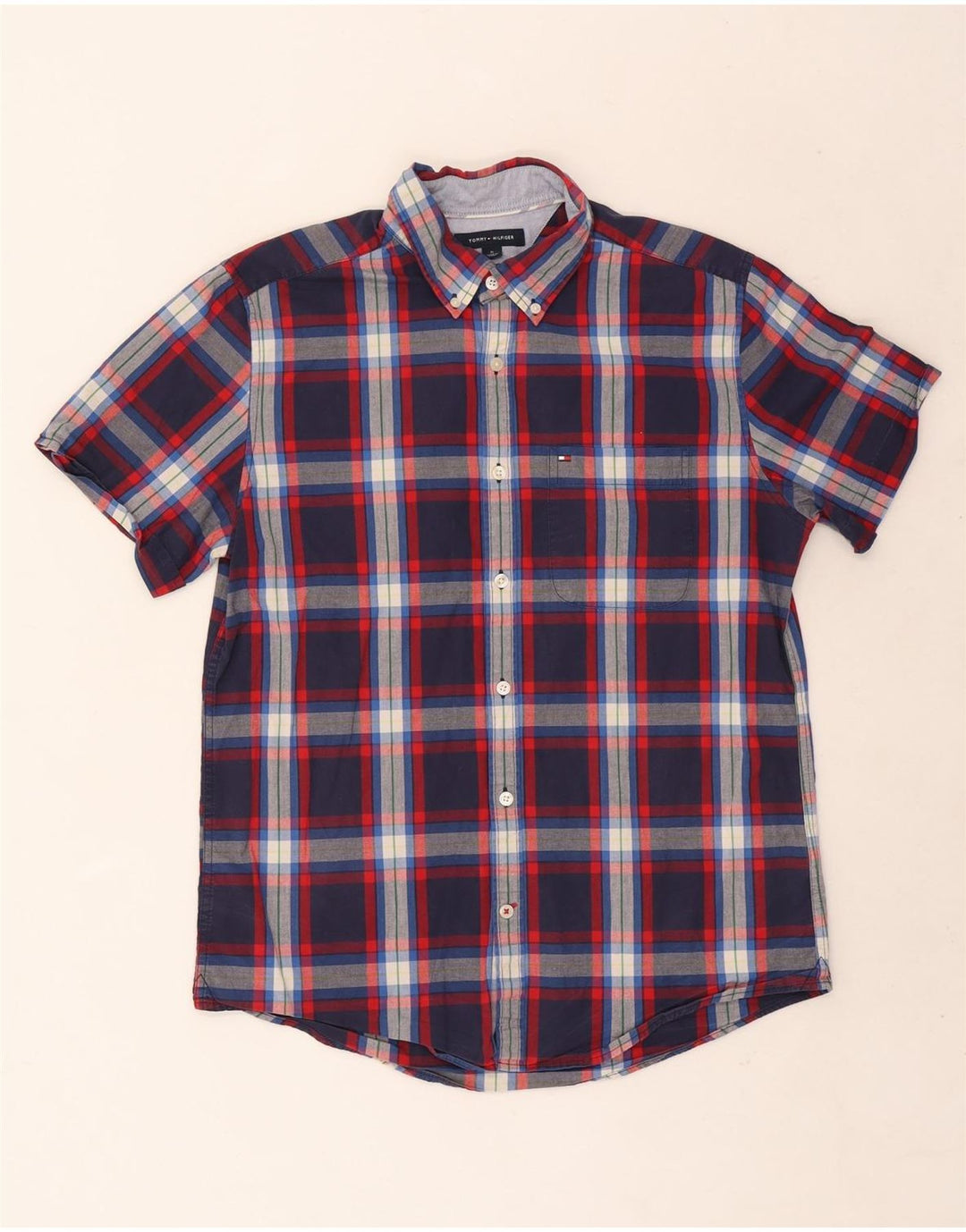 Tommy Hilfiger Camisa masculina de manga curta Slim Fit médio xadrez azul marinho