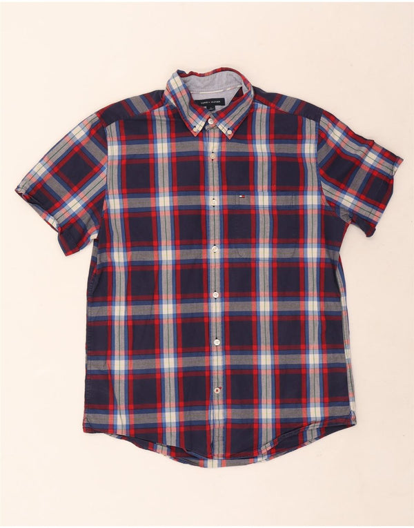 Tommy Hilfiger Camisa masculina de manga curta Slim Fit médio xadrez azul marinho