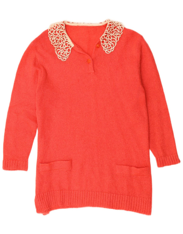 Suéter feminino vintage com gola polo e palangre Reino Unido 14 grande vermelho