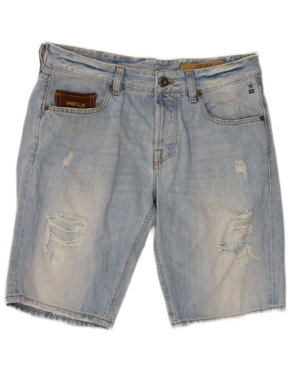 Shorts jeans angustiados masculinos uniformes W30 algodão azul médio