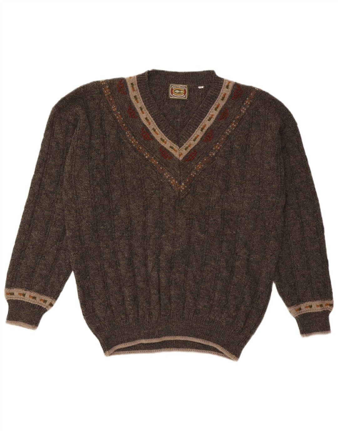 Suéter masculino Noba 1950 com decote em V IT 52 grande lã geométrica cáqui