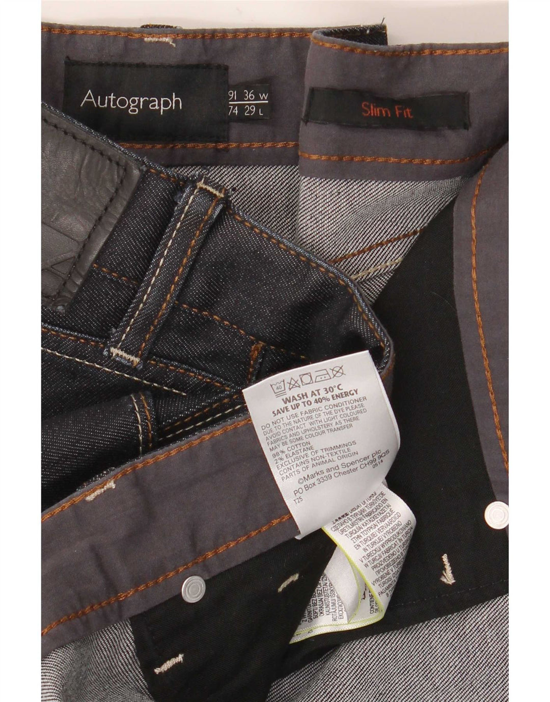 Marks & Spencer Masculino Autograph Slim Jeans W36 L29 Azul Marinho Algodão