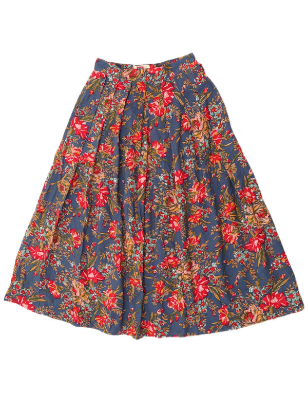 Saia feminina vintage cintura alta plissada linha A Reino Unido 10 pequena W24 azul floral