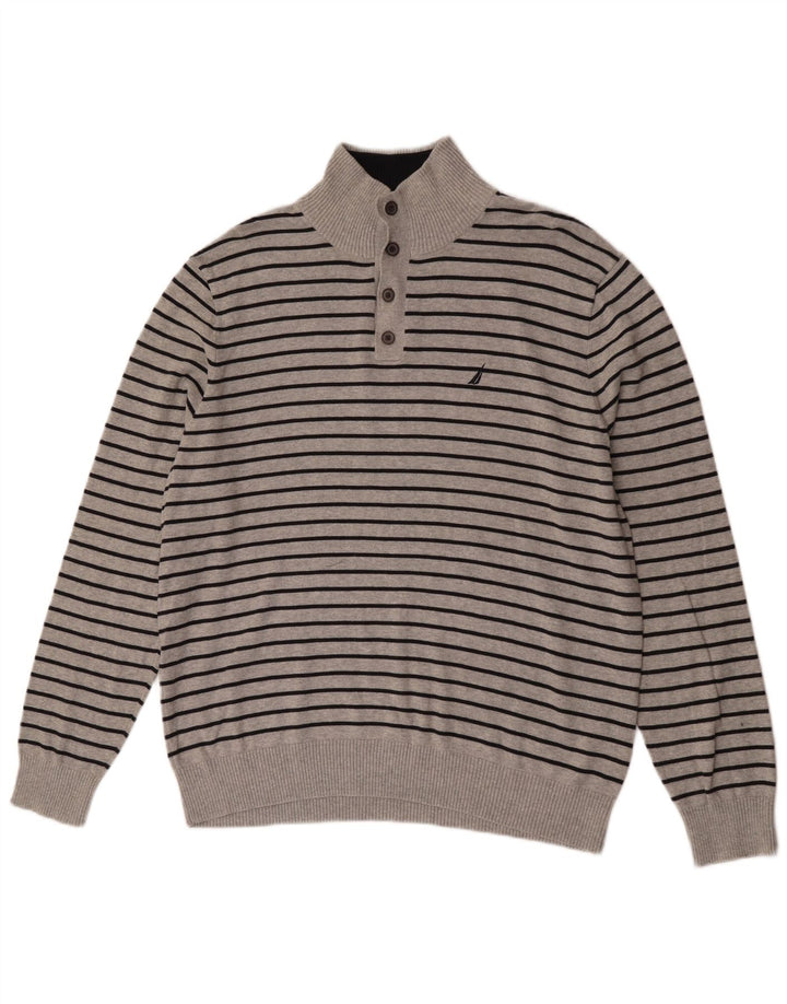 Suéter masculino Nautica com gola redonda e algodão listrado cinza grande