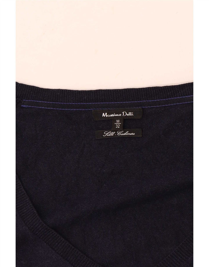 Suéter feminino Massimo Dutti com decote em V Reino Unido 12 seda azul marinho médio
