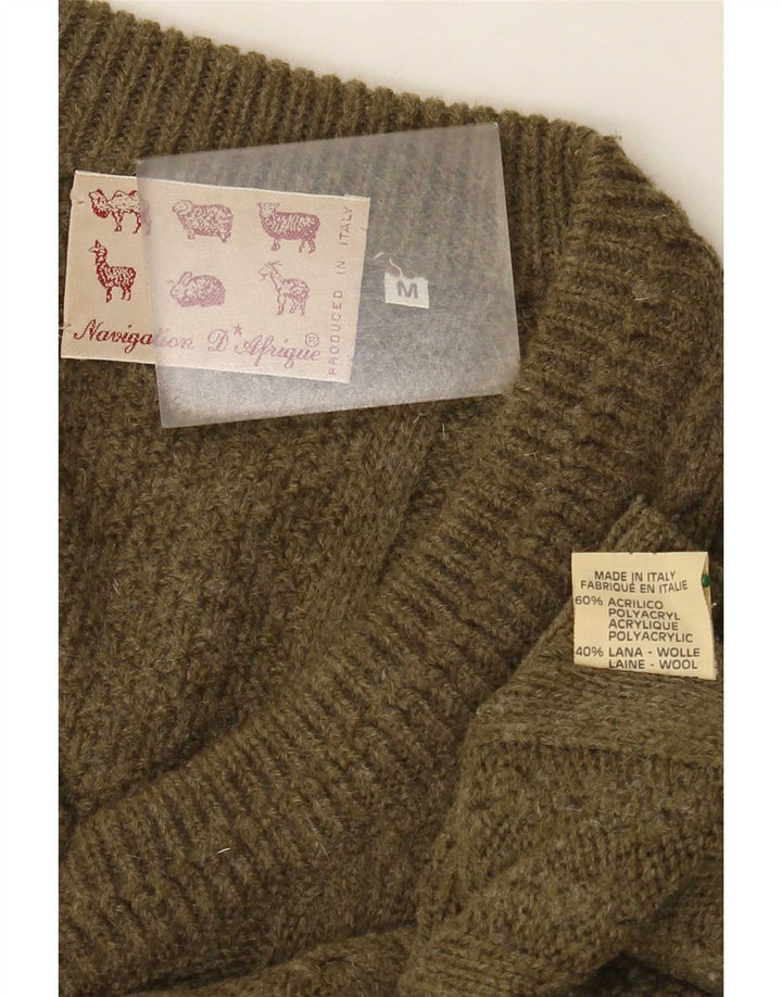 Suéter masculino vintage com decote em V, acrílico cáqui médio