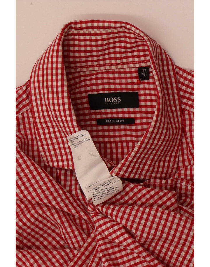 Camisa masculina de ajuste regular Hugo Boss tamanho 41 16 grande algodão vermelho guingão