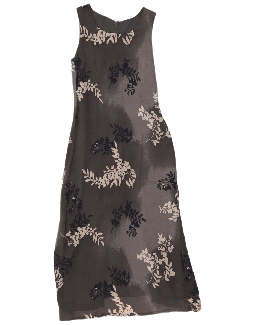 Vestido maxi feminino vintage sem mangas UK 12 cinza médio floral