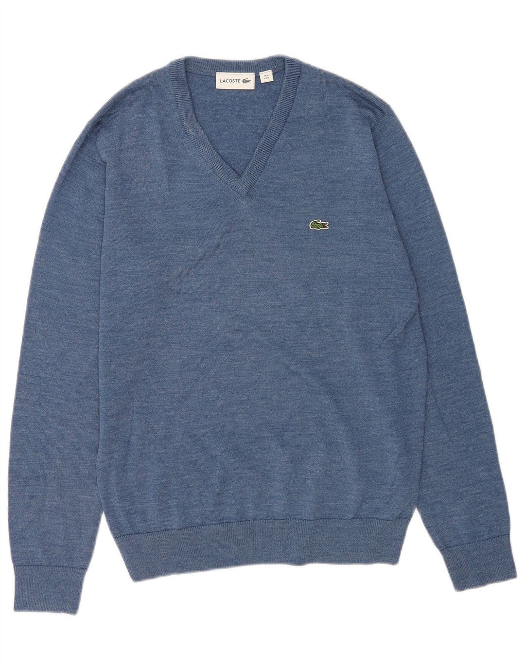 Suéter masculino Lacoste com decote em V tamanho 4 lã azul médio