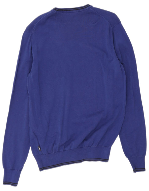 Suéter masculino Armani Jeans com decote em V de algodão listrado azul médio