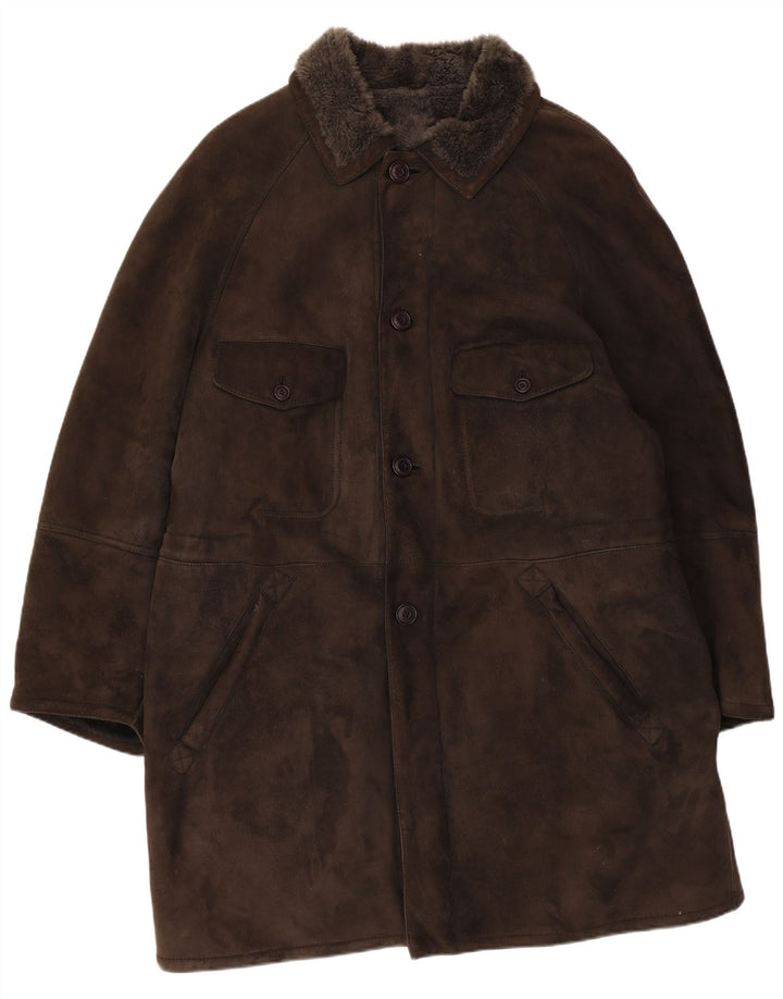 Sobretudo masculino vintage de shearling Reino Unido 40 couro marrom grande
