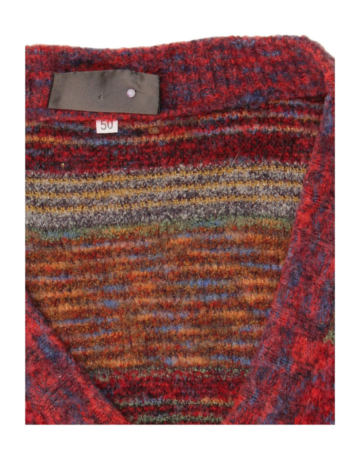 FIUME Mens V-Neck Jumper Sweater IT 50 Medium Red Geometric Vintage Fiume and Second-Hand Fiume from Messina Hembry 
