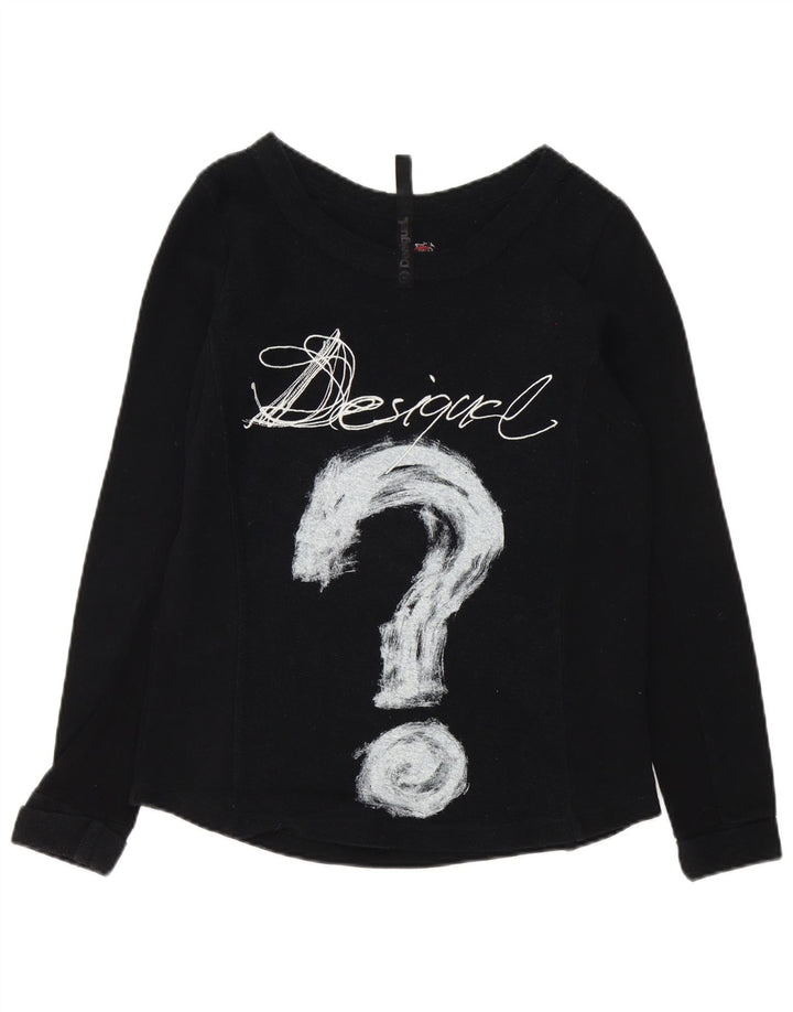 Top gráfico feminino Desigual manga comprida UK 14 algodão preto médio