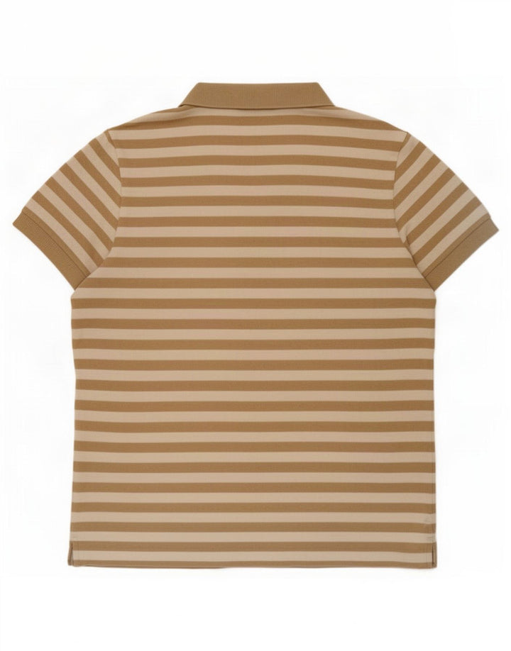 Camisa polo masculina Lacoste tamanho 4 algodão listrado marrom médio