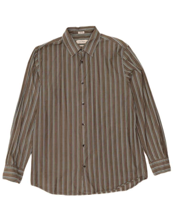 Camisa masculina Calvin Klein Modern Fit de algodão listrado cinza médio