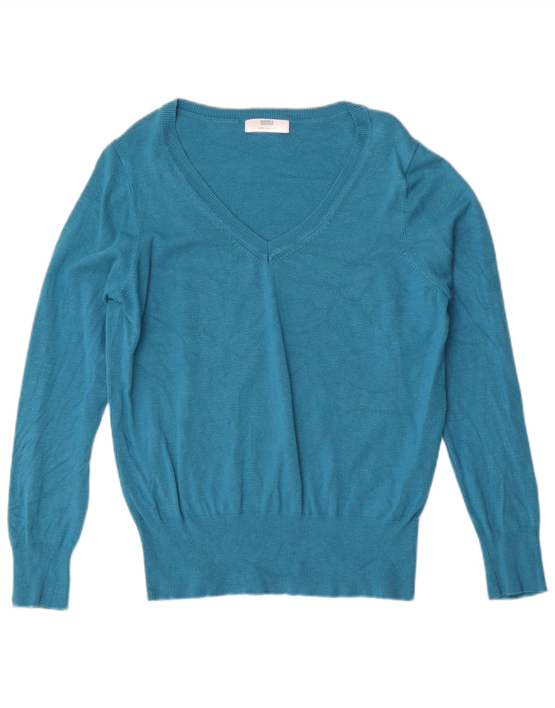 Suéter feminino Marks & Spencer com decote em V Reino Unido 14 viscose turquesa média