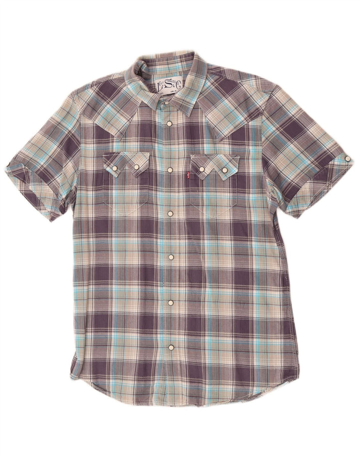 Camisa masculina de manga curta Levi's de algodão xadrez roxo médio