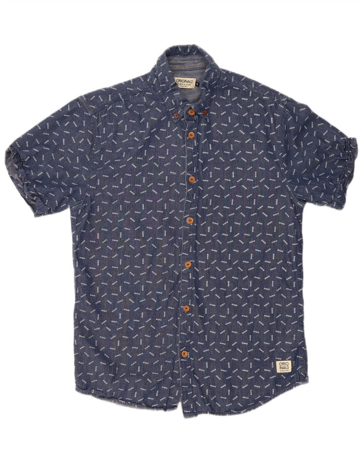 Camisa masculina Jack & Jones com estampa abstrata de manga curta de algodão azul médio